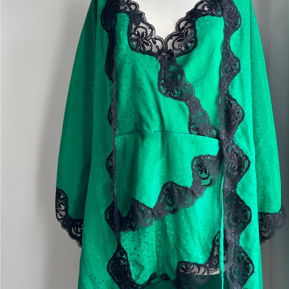 Vintage Green Satin Robe with Black Lace Trim